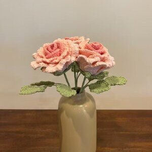 Crocheted Pink Diamond Rose Bouquet 12"